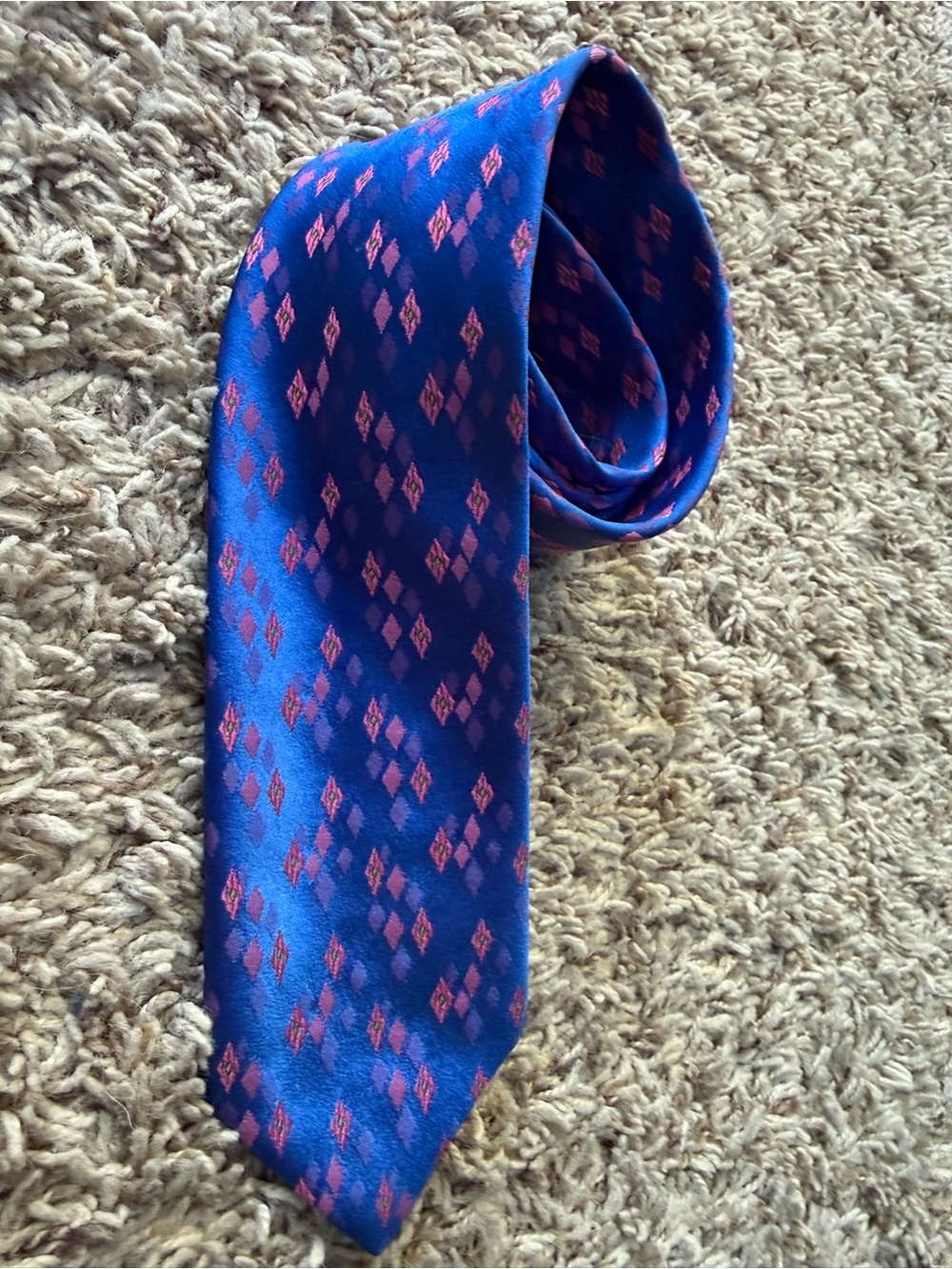 Vintage 1960s 1970s Brent -Blue Geometric Diamond Necktie - MCM -Like New
